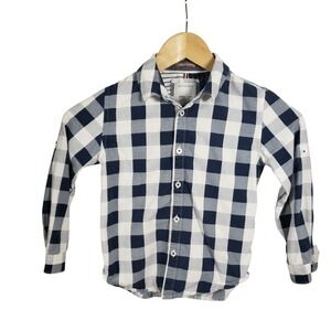 Cactus Boys Plaid Button Down Shirt Kids Size 5/6 Blue White Long Sleeve